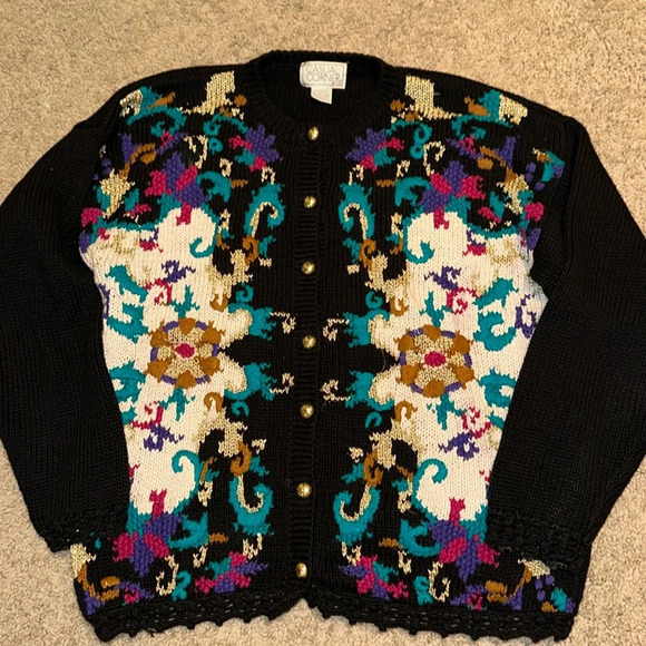 Vintage Casual Corner Gold Button Front Multicolor Embroidered Sweater Cardigan - Picture 2 of 4
